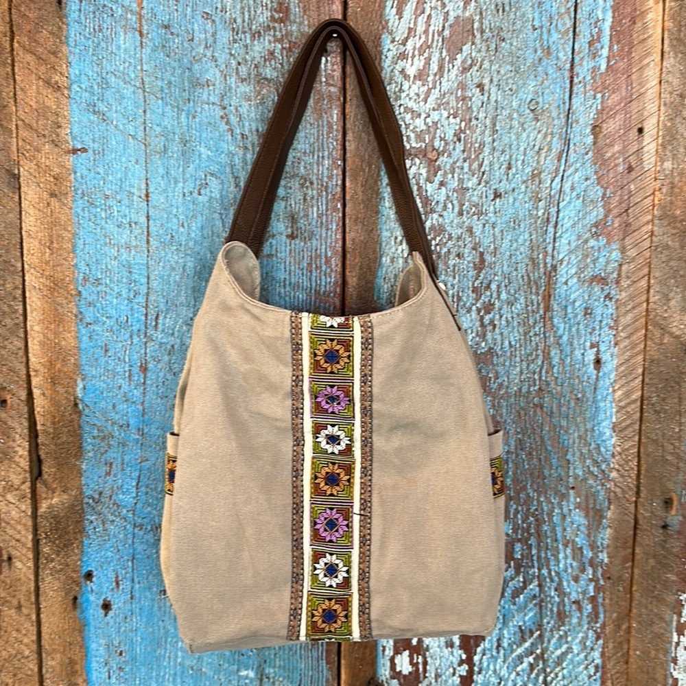 Beige Suede Hobo Bag with Embroidered Trim